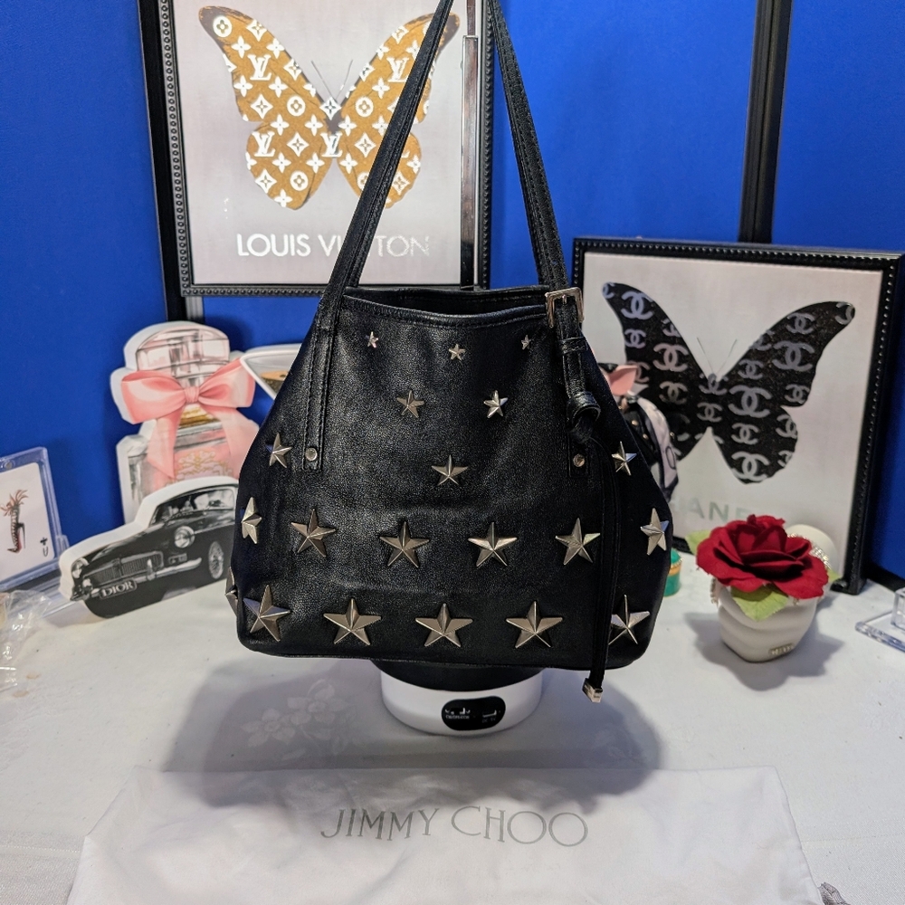 Jimmy Choo Sasha Mini Star Studded Black Leather Tote With Silver Stars🔥
